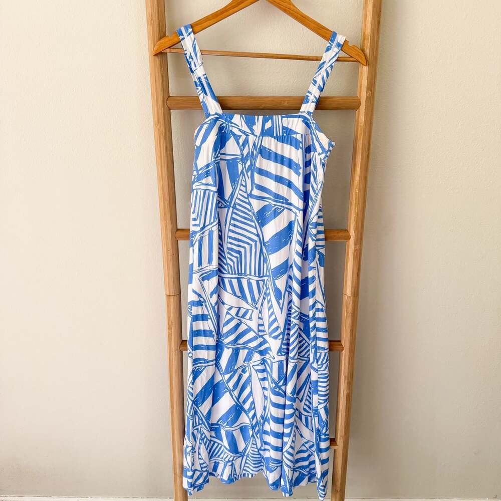 Lilly Pulitzer Blue White Tropical Print Midi Dress Medium Resort Vacation